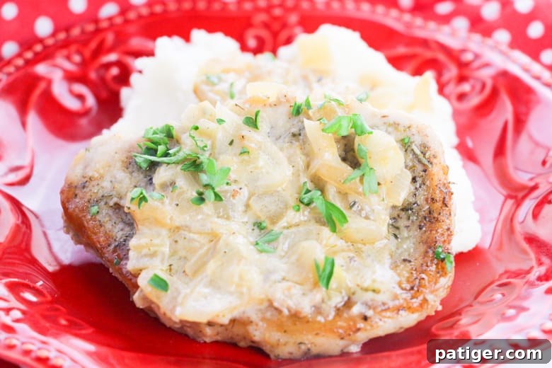 Pork Chops with Gravy - Close-up of golden brown pork chops simmering in a rich, creamy gravy, ready to be served.