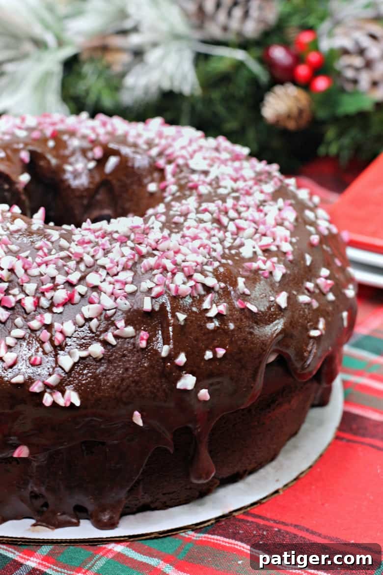 Chocolate mocha bundt cake topped with chocolate ganache and crushed peppermint candy