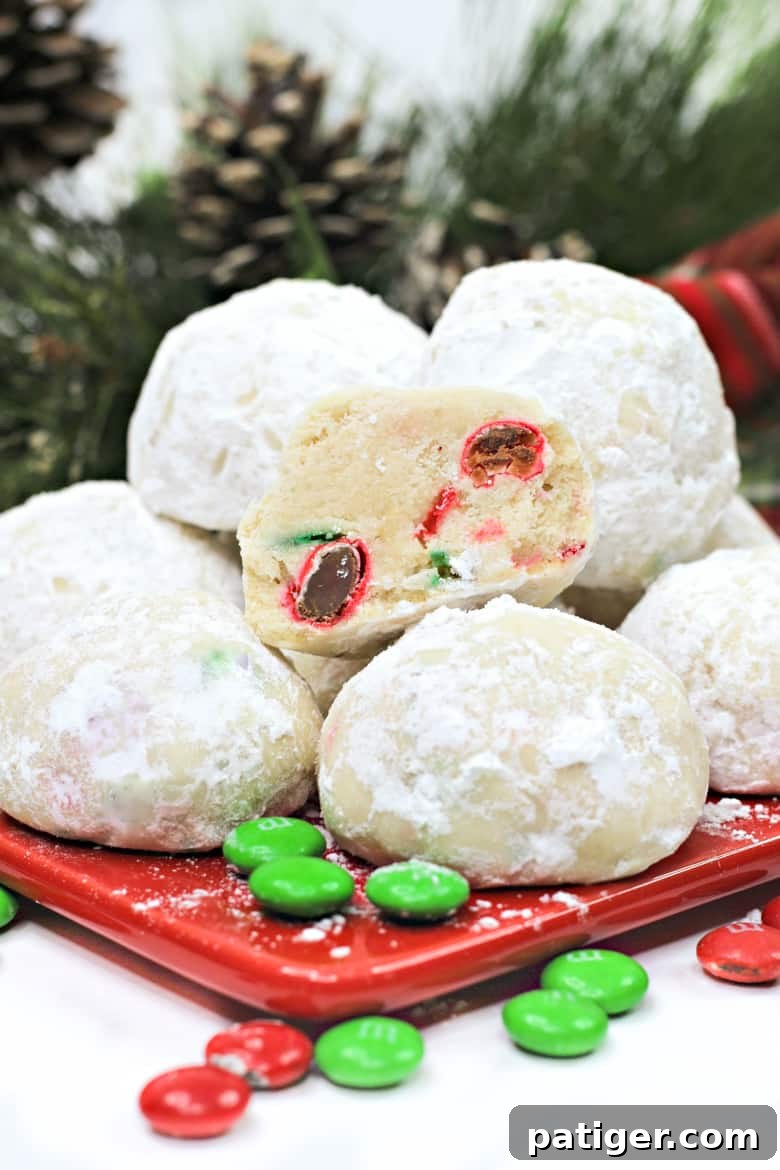 Yuletide Melting Moments 4 M&M Snowball Cookies in a festive arrangement