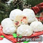 Christmas Snowball Cookies with red and green M&Ms