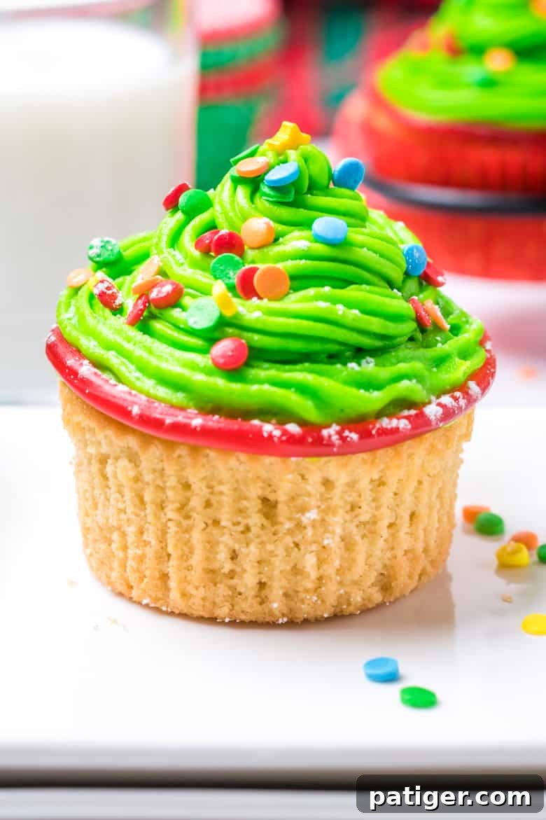 Ideas for Christmas Party Cupcakes, featuring decorated Christmas tree cupcakes