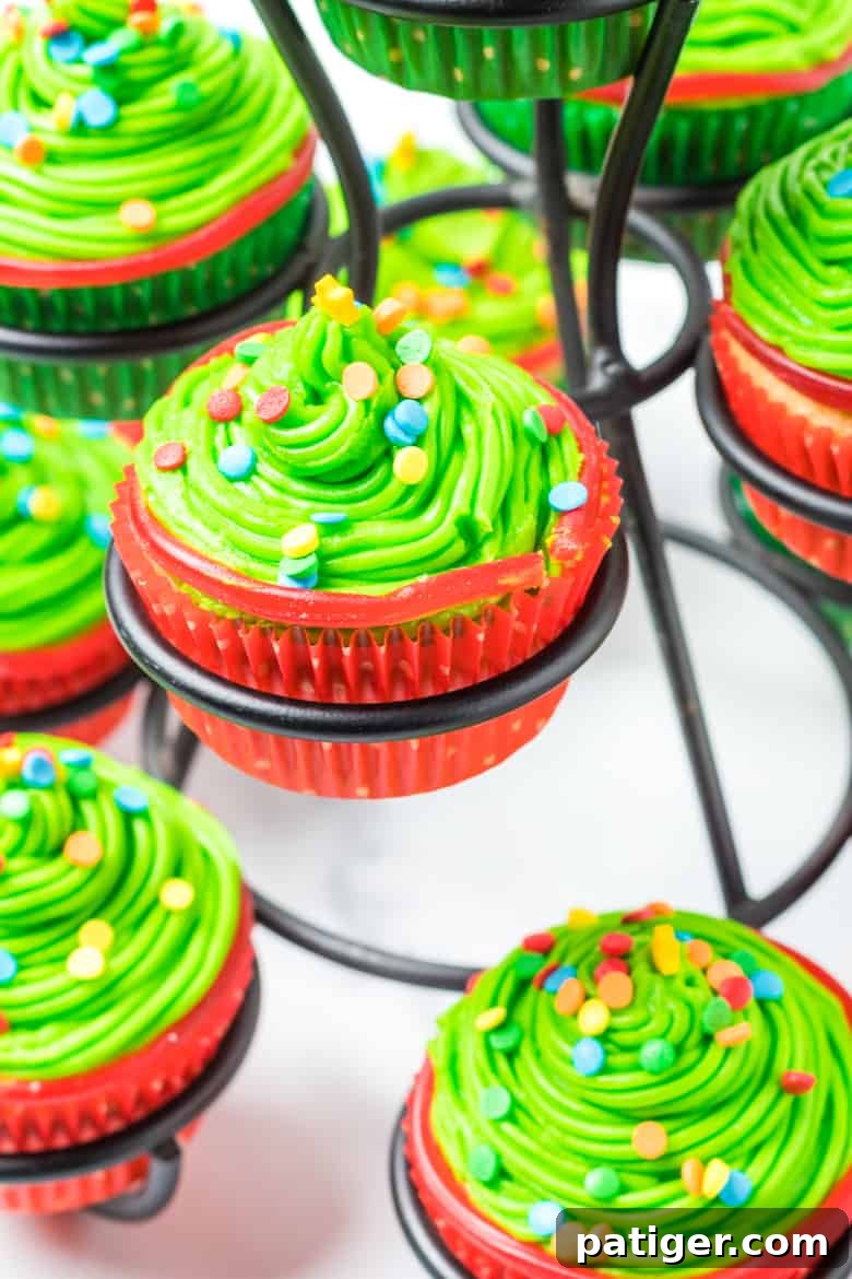 Christmas Tree Frosting Cupcakes Recipe with vibrant green frosting