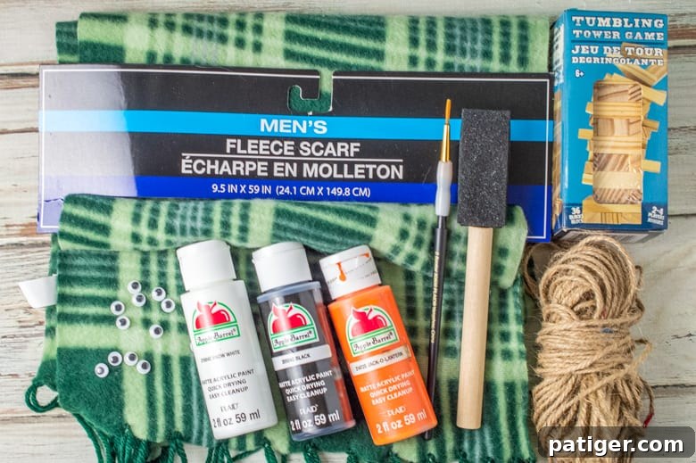 Charming Wooden Block Snowmen 4 Assorted craft supplies for making Dollar Store Snowman Ornaments, including wood blocks, googly eyes, twine, and a scarf