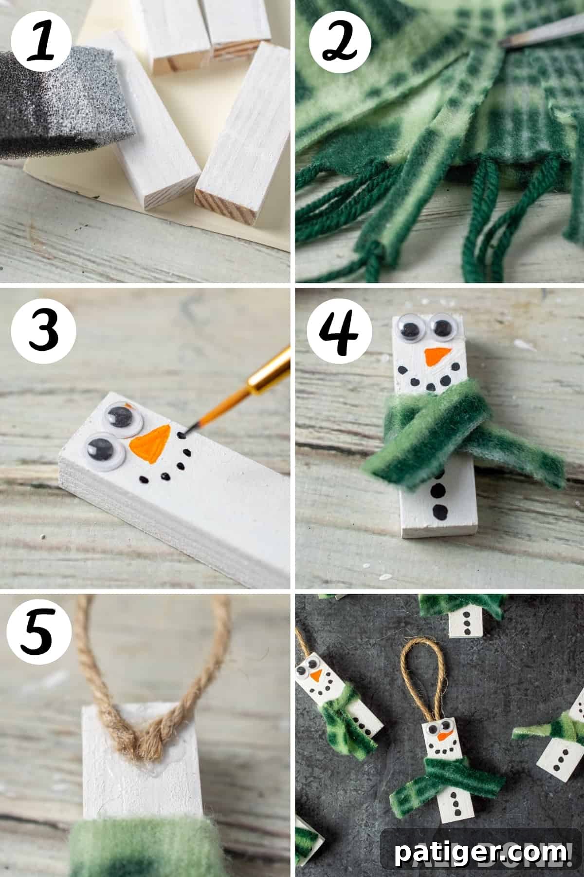 Charming Wooden Block Snowmen 5 Step-by-step visual guide showing how to make wood block snowman ornaments from Dollar Tree supplies