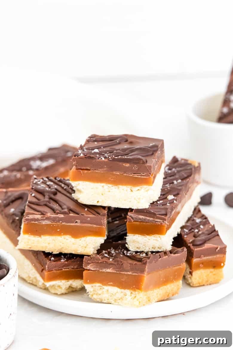 Freshly made Millionaire Bars, perfectly sliced and arranged on a pristine white plate, showcasing their inviting layers.