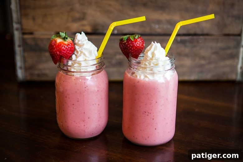 Blissful Berry-Banana Yogurt Blend 3 Two Strawberry Banana Smoothies in mason jars with whipped cream, straws, and fresh strawberries for garnish.