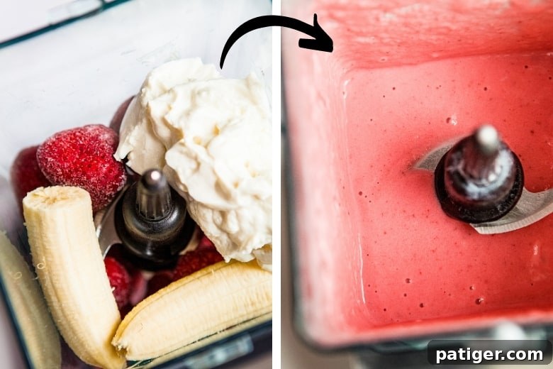 Blissful Berry-Banana Yogurt Blend 5 How to make a smoothie with Greek yogurt step-by-step.