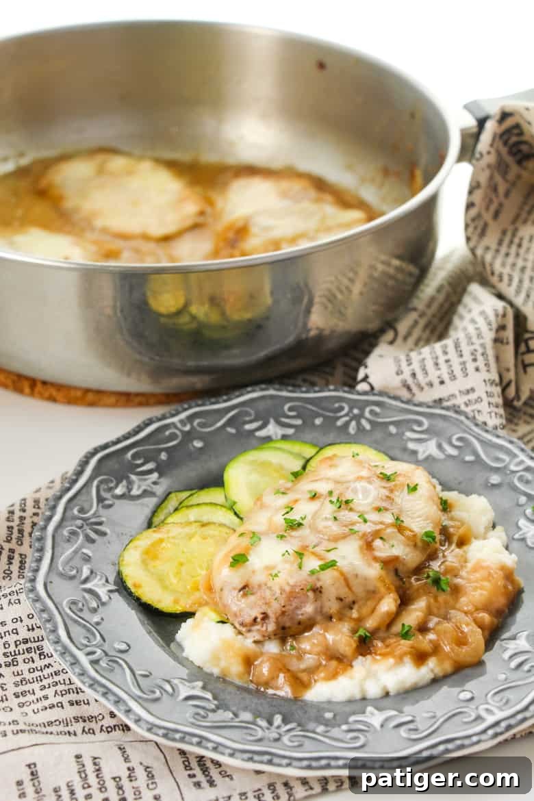Close-up of French Onion Pork Chops ready to serve