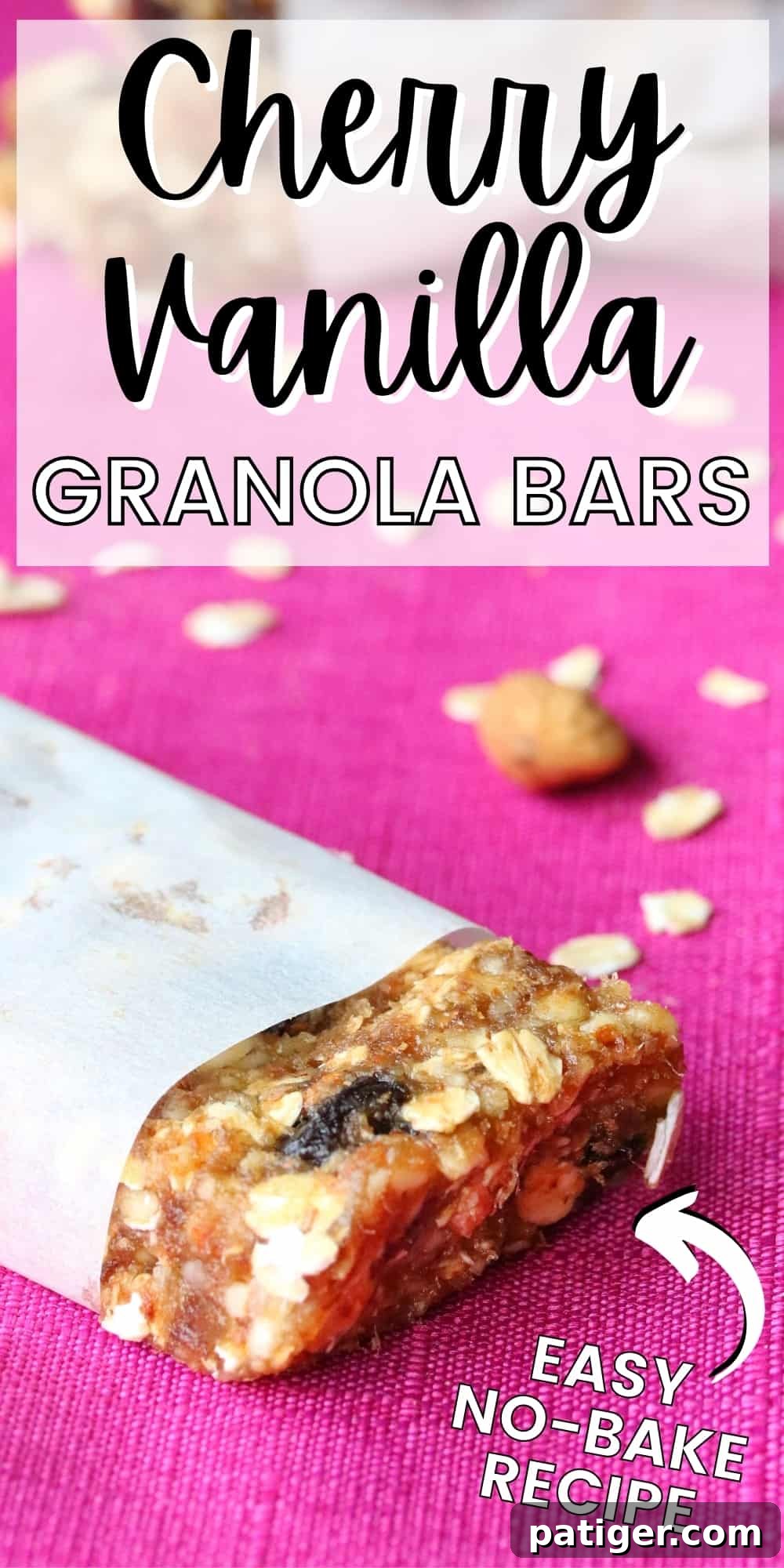 Tall image of Cherry Vanilla Granola Bars arranged neatly, perfect for pinning to Pinterest boards for future reference.