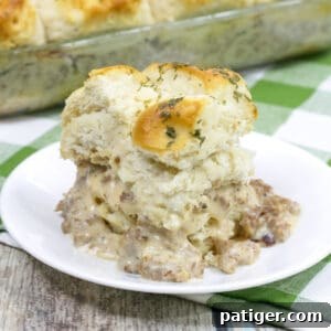 Biscuit topped sausage gravy breakfast bake.
