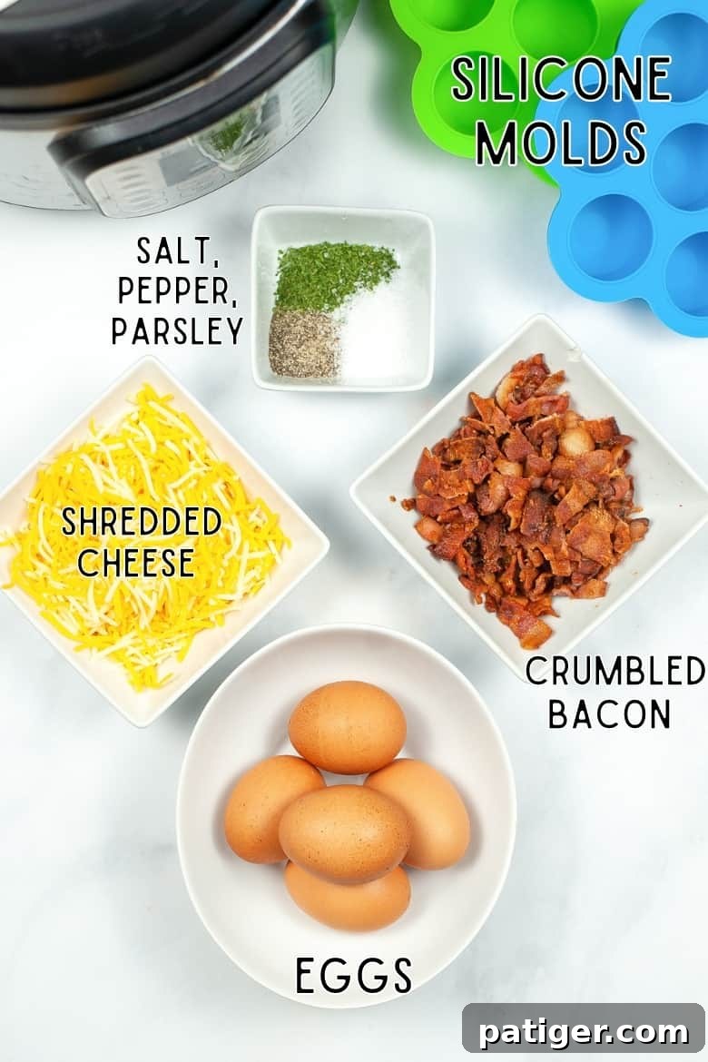 Instant pot, silicone molds, shredded cheese, salt, pepper, parsley, crumbled bacon, eggs