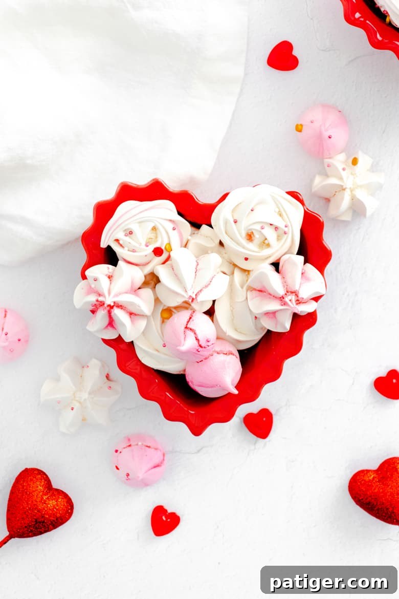 Pink and white meringue cookies decorated with Valentine sprinkles and in a red heart-shaped bowl, showcasing beautiful homemade meringues