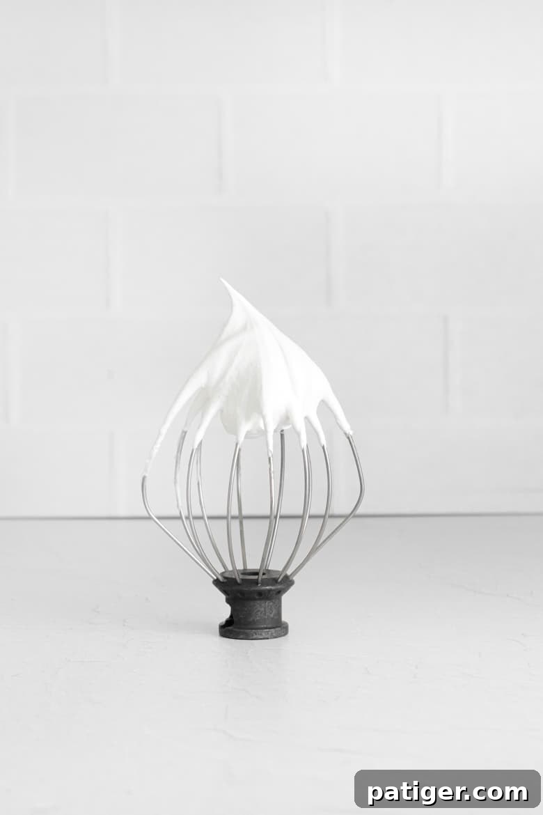 Whisk mixer attachment with stiff peak of meringue batter, illustrating the perfect consistency for meringues
