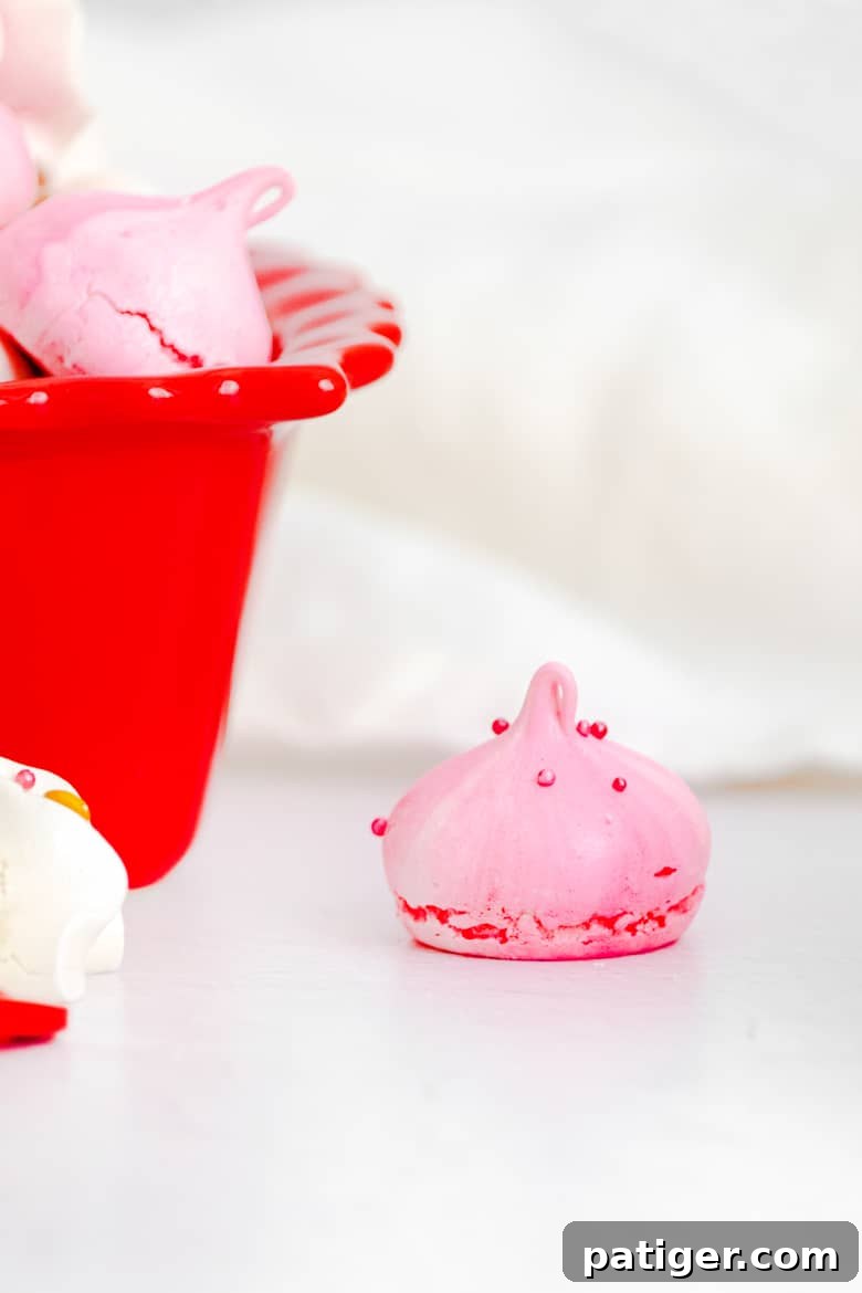 Pink meringue cookie next to red bowl of pink and white meringues, highlighting the delicate texture achieved with the right sugar