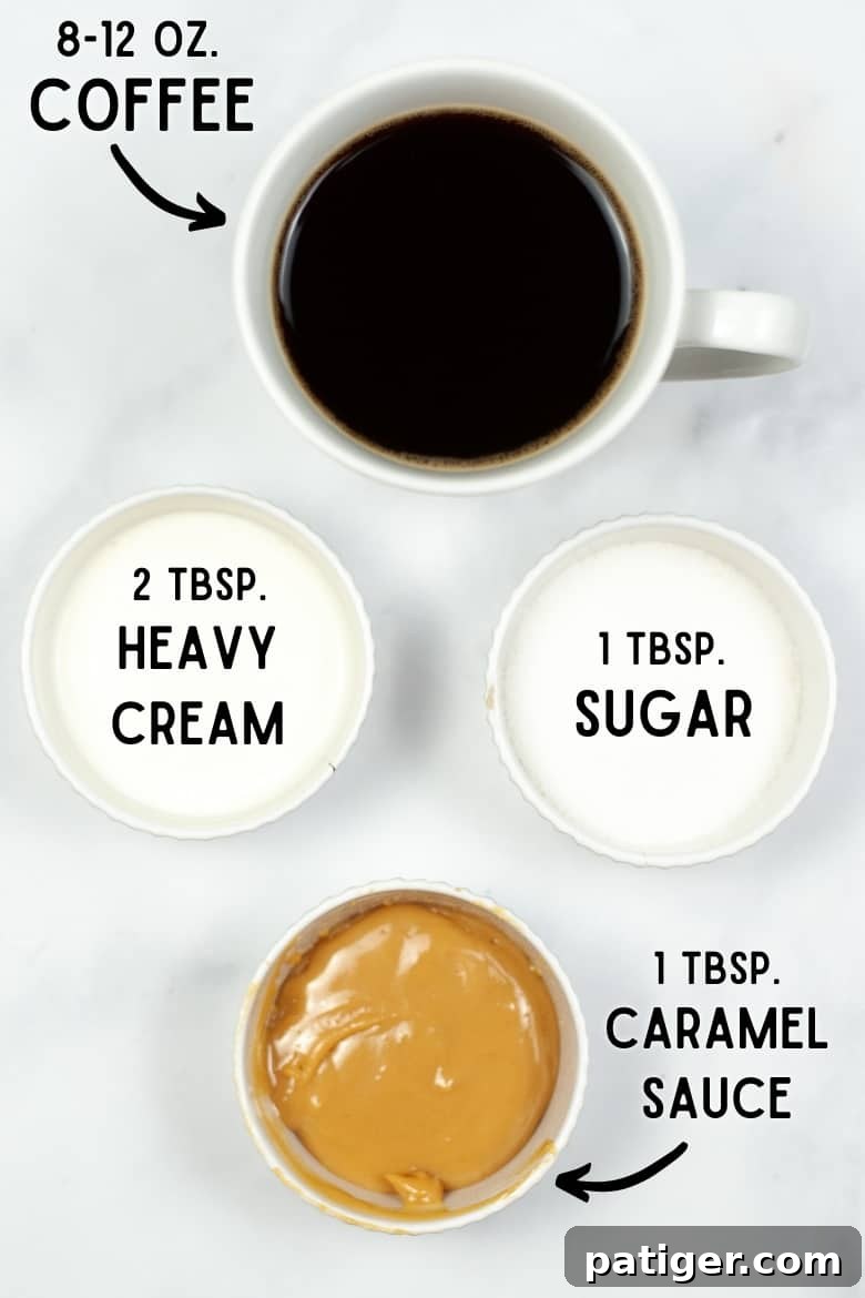 8-12 oz coffee, 1 tbsp heavy cream, 1 tbsp sugar, 1 tbsp caramel sauce