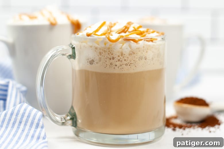 homemade caramel macchiato coffee in a transparent mug