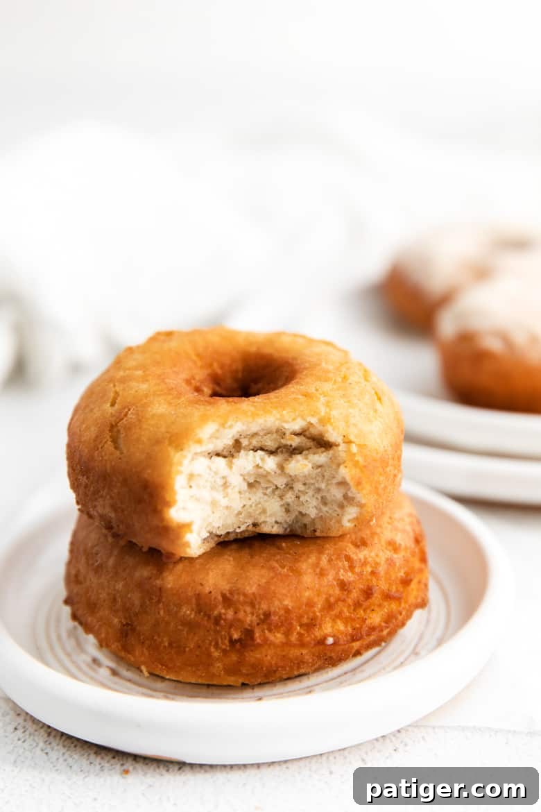 Two old fashioned doughnuts on plate, one with a bite taken out of it to expose the soft and cake-like inside