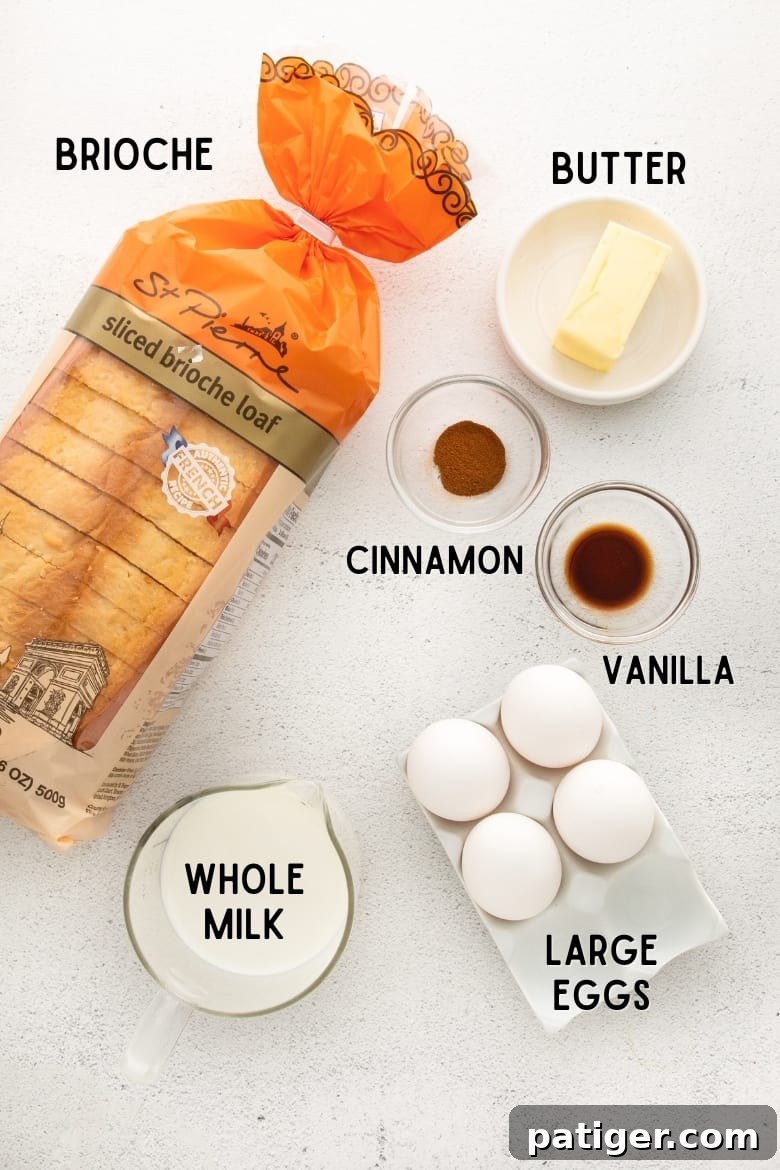 Loaf of sliced brioche bread, about 2/3 of a stick of butter, ground cinnamon, vanilla extract, 4 large eggs, and a measuring cup filled with whole milk