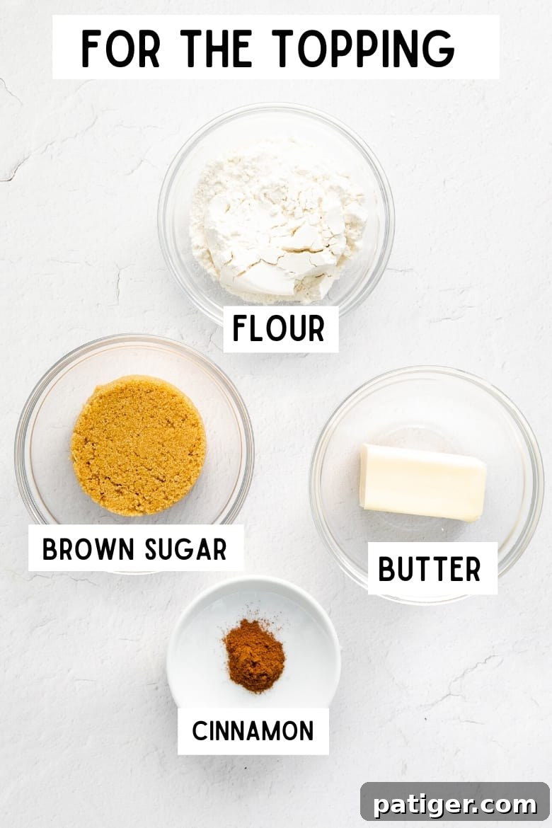 Four individual bowls containing the ingredients for the crumb topping: brown sugar, butter, and cinnamon, with a label 'For the Topping'.