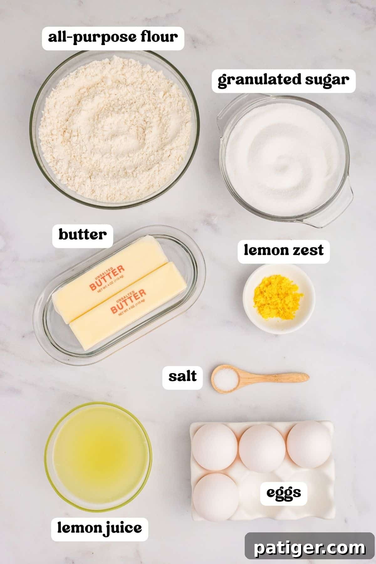 Lemon shortbread cookie bars ingredients: two sticks of butter, all purpose flour, granulated sugar, eggs, salt, lemon juice, and lemon zest.