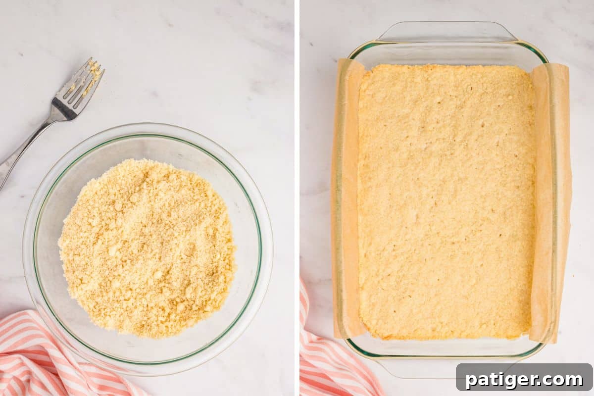 Two image collage of shortbread crust ingredeints combined in bowl and then pressed into parchment lined glass dish and baked.