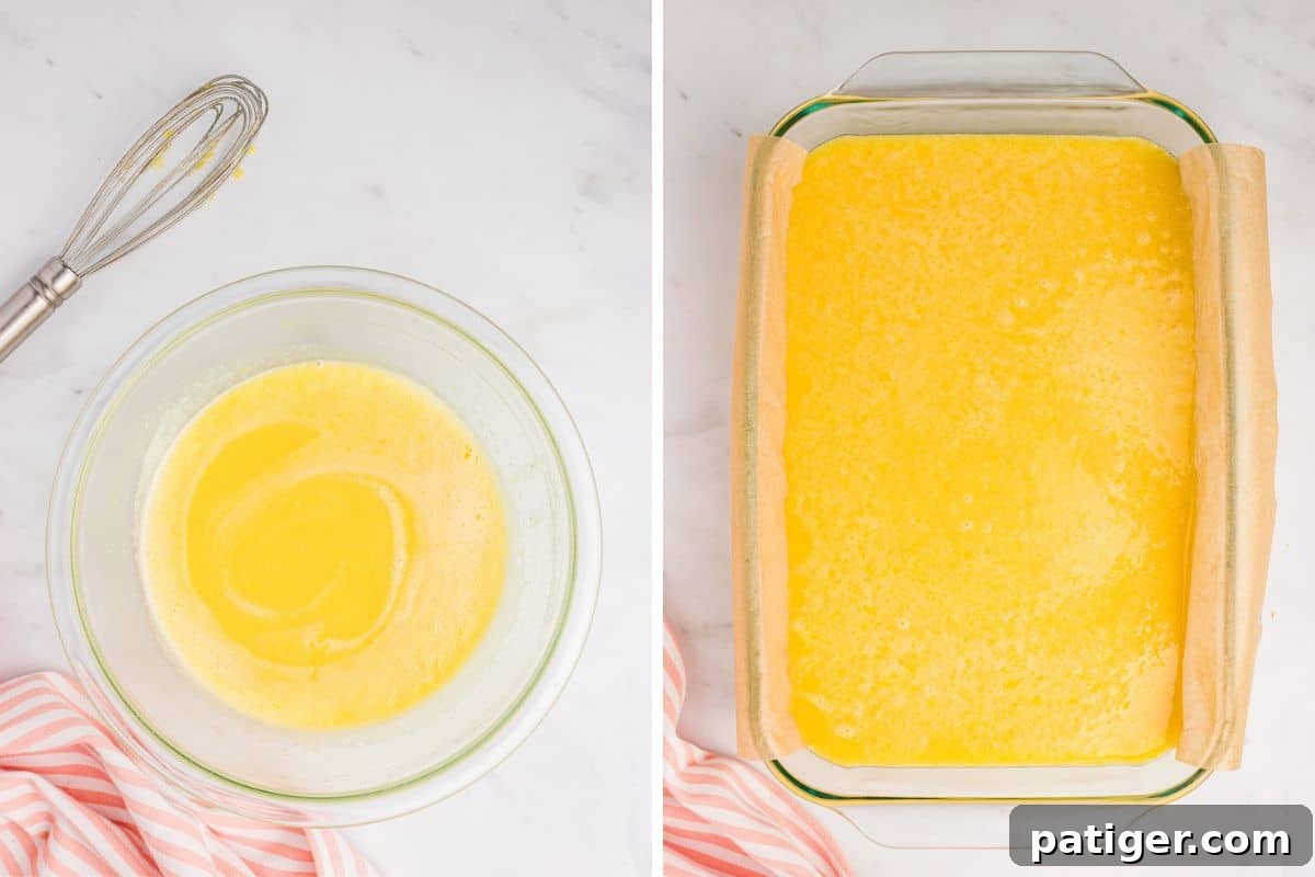 Two image collage of lemon filling ingredients combined in bowl with a whisk and in parchment lined glass dish.