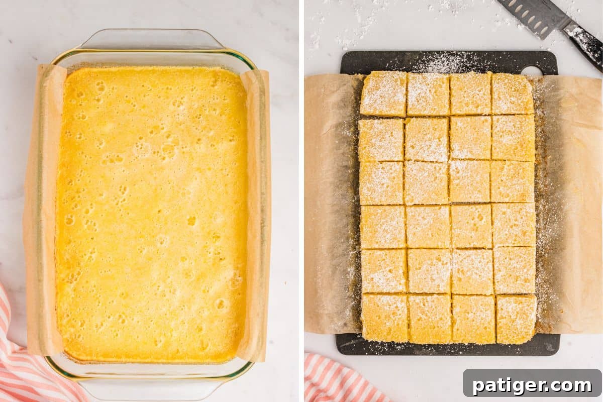 Two image collage of bars in dish after baking and of bars on cutting board after being sliced into squares and dusted with confectioners sugar.