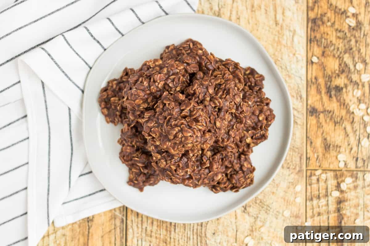 Chocolate peanut butter no bake oatmeal cookies on a white plate.