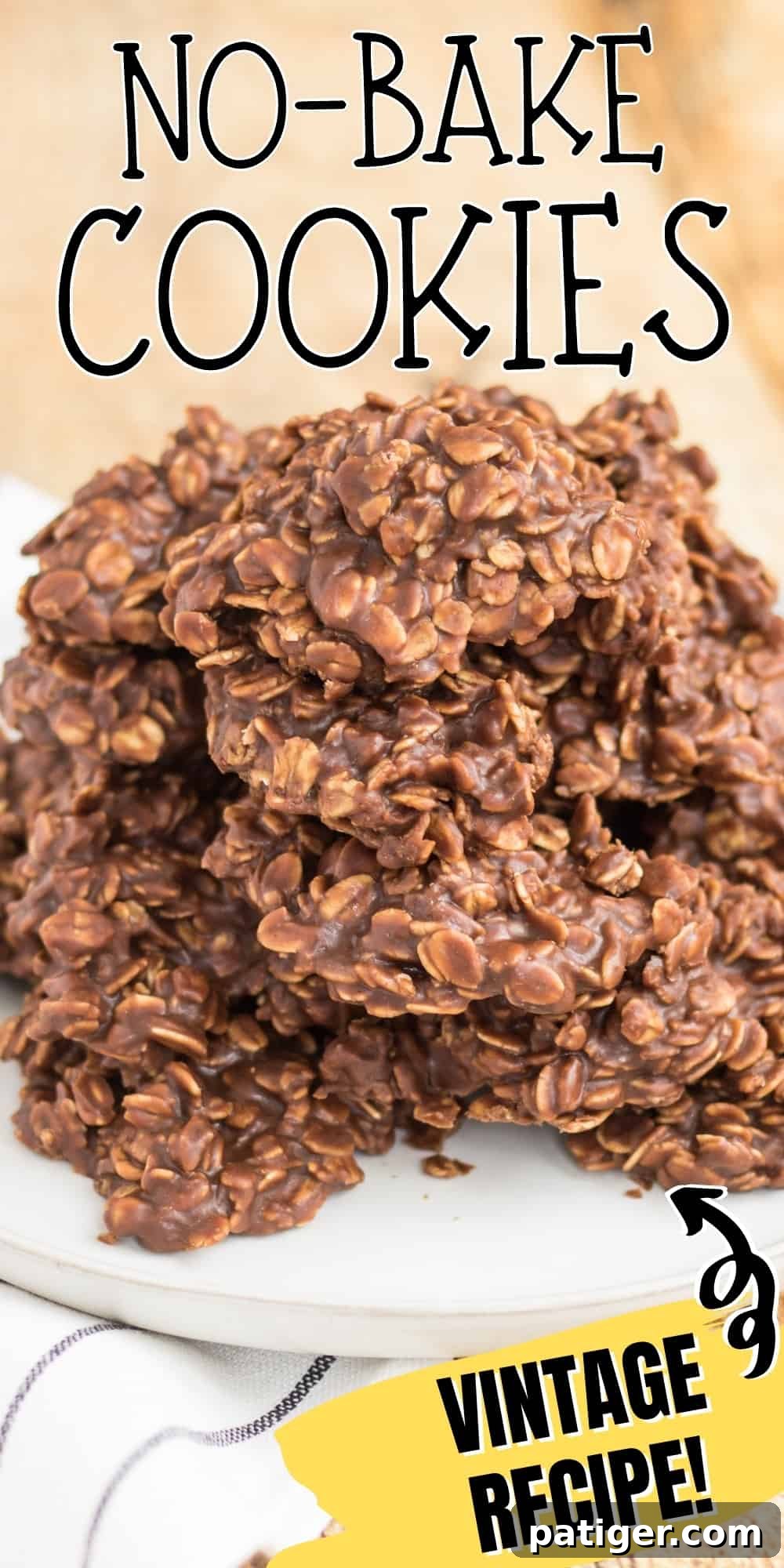 Vintage no bake chocolate peanut butter cookies with oatmeal on a serving plate.