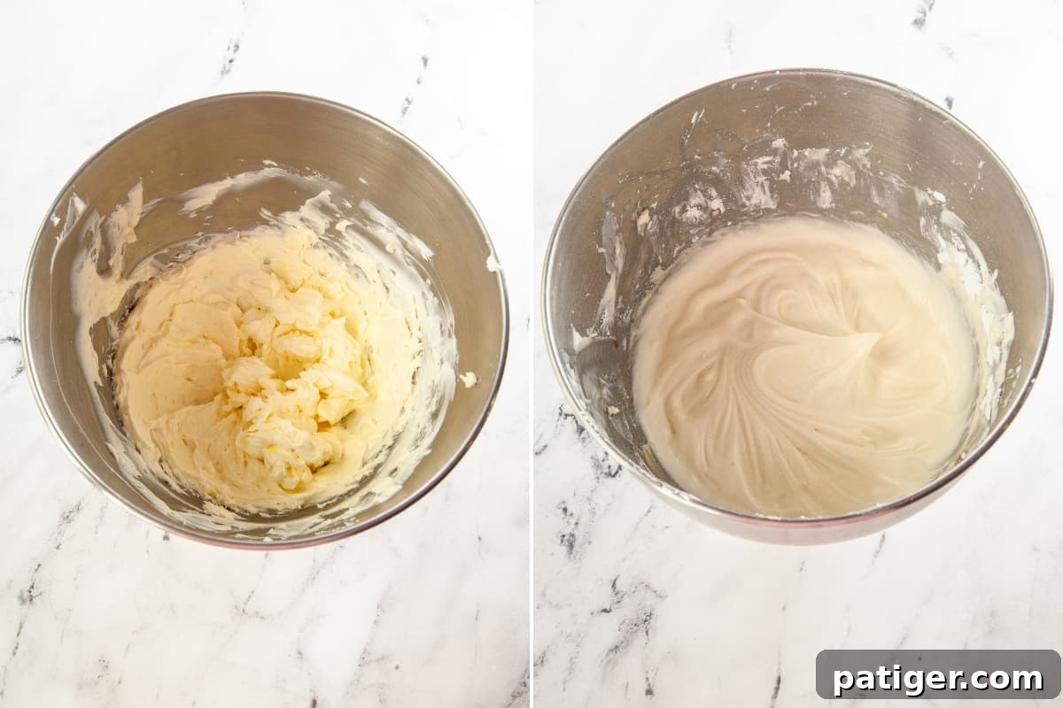 Left image shows cream cheese and butter partially combined in a mixer bowl; right image shows the fully blended, smooth, and creamy cream cheese frosting.