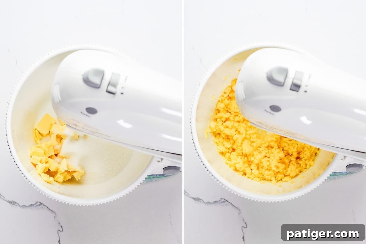 Left image shows cubed butter and granulated sugar in a stand mixer bowl; right image shows the butter and sugar creamed together into a light, fluffy mixture.