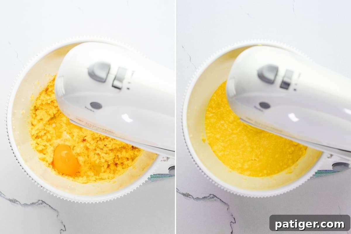 Left image shows an egg just added to the creamed butter and sugar in a mixer bowl; right image shows the egg fully mixed into the batter, which is now smooth.