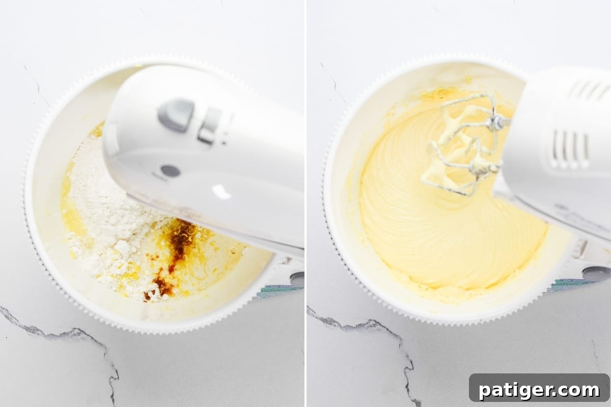 Left image shows dry ingredients and vanilla added to the cake batter in a stand mixer bowl; right image shows the ingredients fully combined into a smooth, uniform batter.