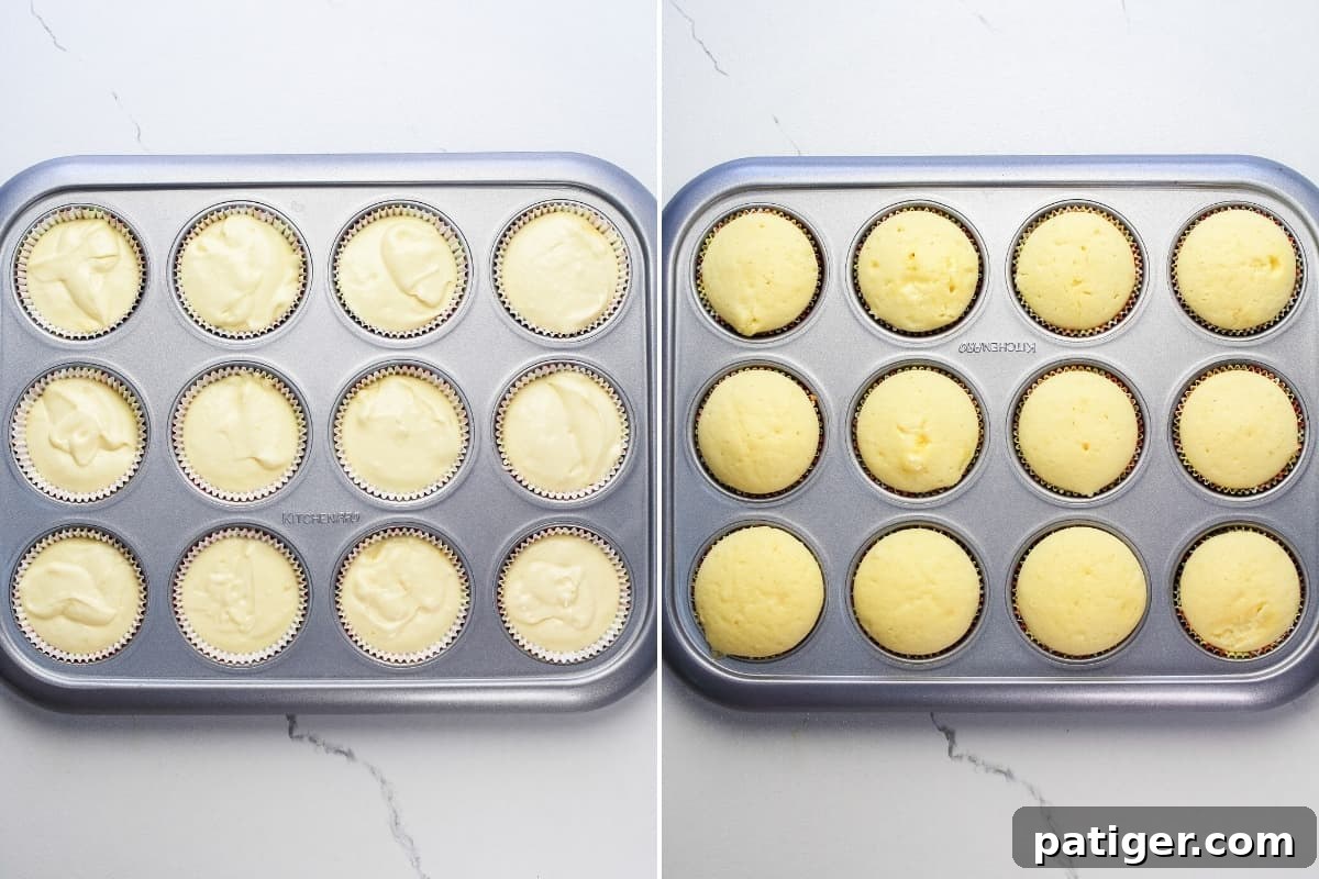 Left image shows cupcake liners in a 12-cup muffin tin, each filled two-thirds of the way with raw batter; right image shows baked cupcakes with golden-brown tops, freshly out of the oven.