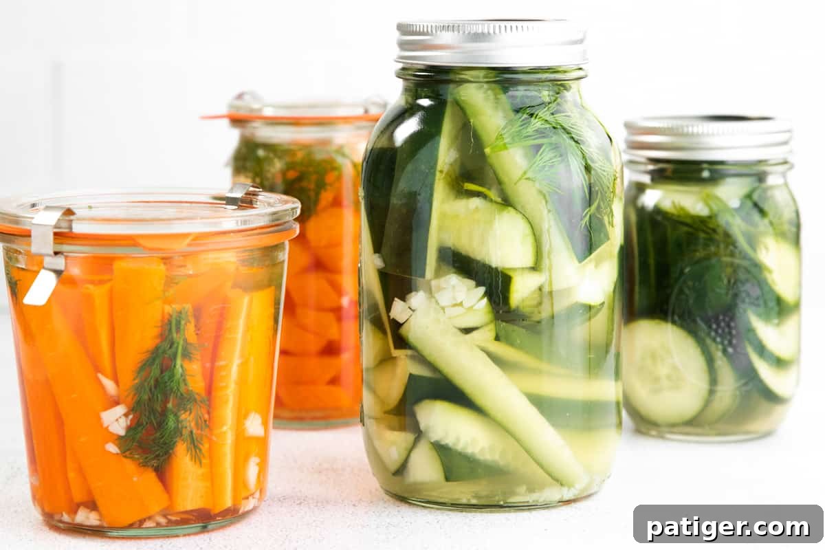 Effortless Fridge Pickles 5 Assortment of glass jars featuring sliced pickled cucumbers and carrots, showcasing versatile pickling options.