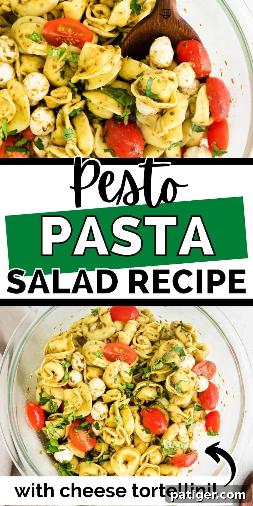 An appetizing close-up of pesto pasta salad with tortellini, mozzarella, and cherry tomatoes in a bowl, inviting viewers to save the recipe for later.