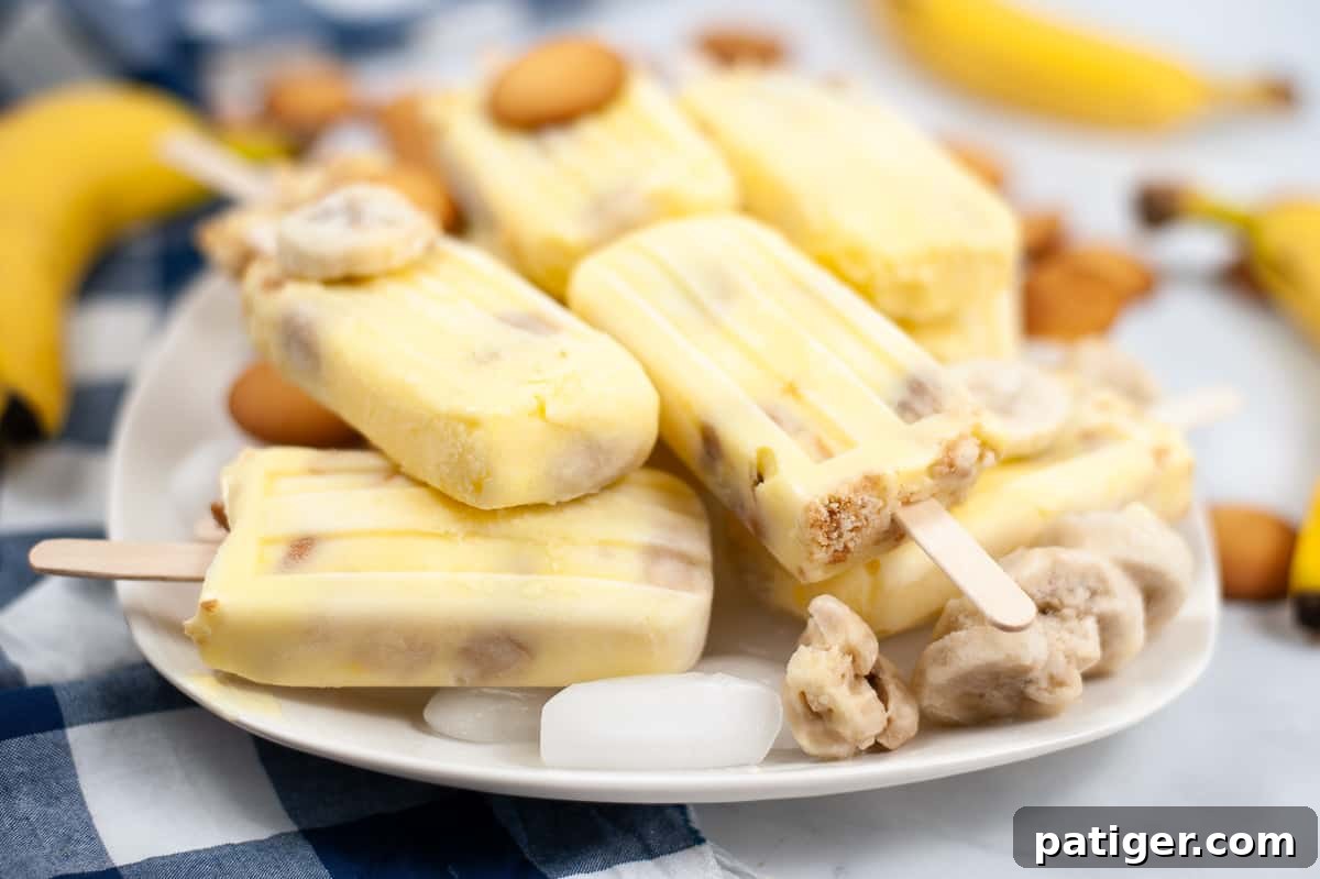 Velvet Banana Pudding Pops 5 Banana pudding popsicles neatly arranged on a plate, garnished with vanilla wafers and frozen banana slices.