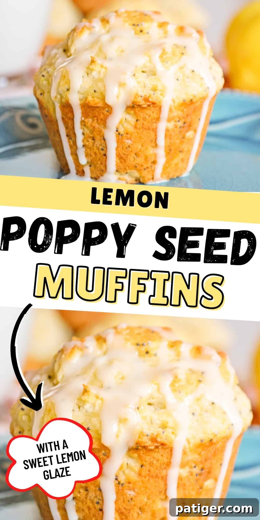 Zesty Lemon Poppy Seed Muffins 8 A stunning vertical shot of Lemon Poppy Seed Muffins, artfully arranged to showcase their sweet lemon glaze. Ideal for social media sharing and pinboards.