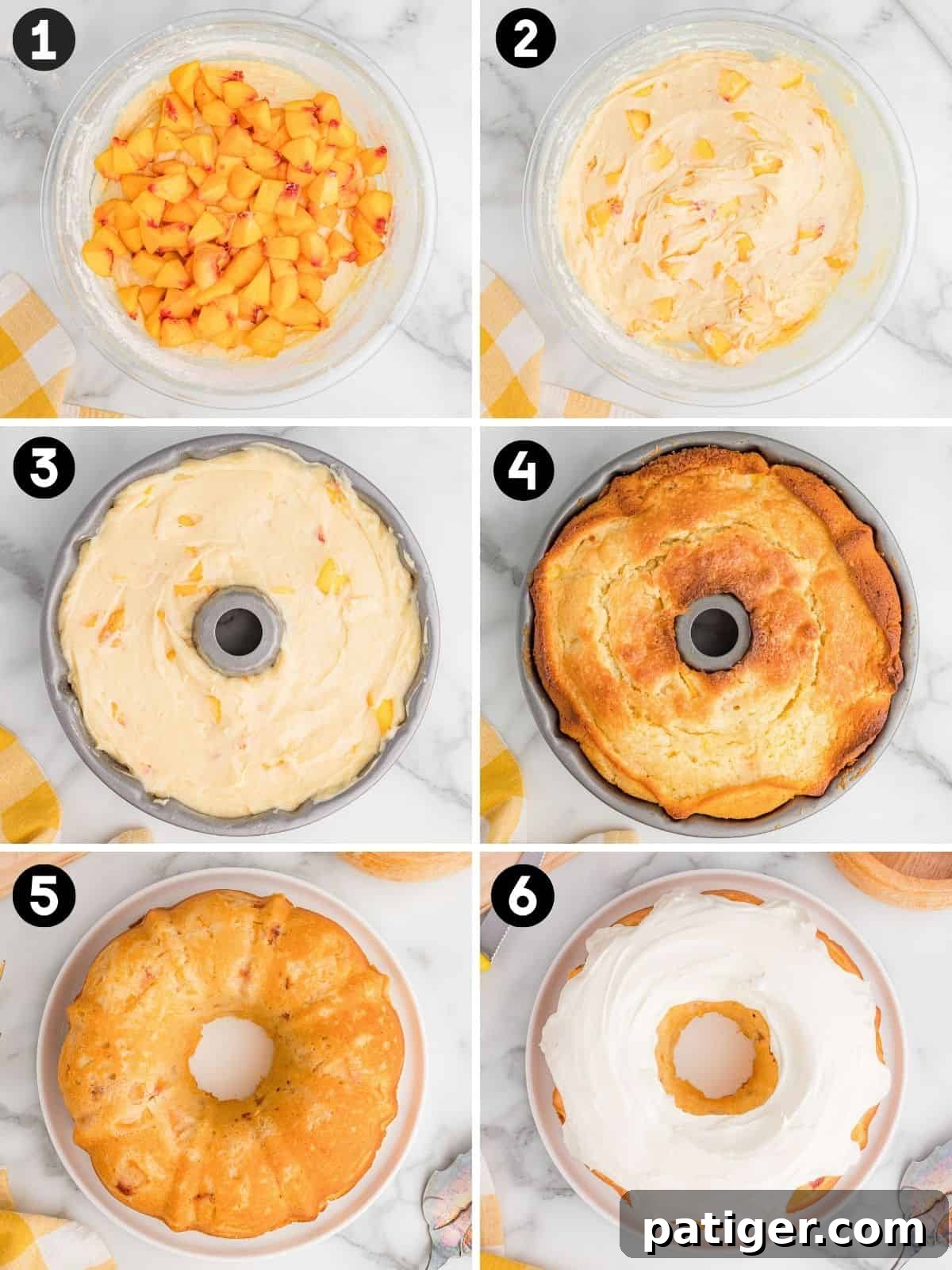 Collage pin with six numbered images showing steps to make a peach bundt cake: diced peaches added to batter in a bowl, peaches folded into batter, batter spread in a bundt pan, baked cake in the pan, plain cake on a plate, and cake topped with white frosting.