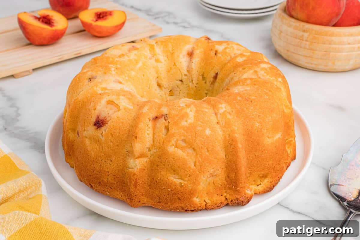 Plain unfrosted fresh peach pound cake.