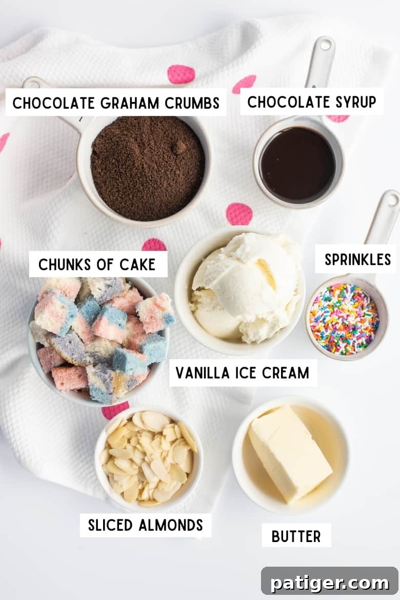 Icebox Indulgence 4 Ice cream pie ingredients: chocolate graham crumbs, chocolate sauce, chunks of cake, vanilla ice cream, rainbow sprinkles, sliced almonds, and butter
