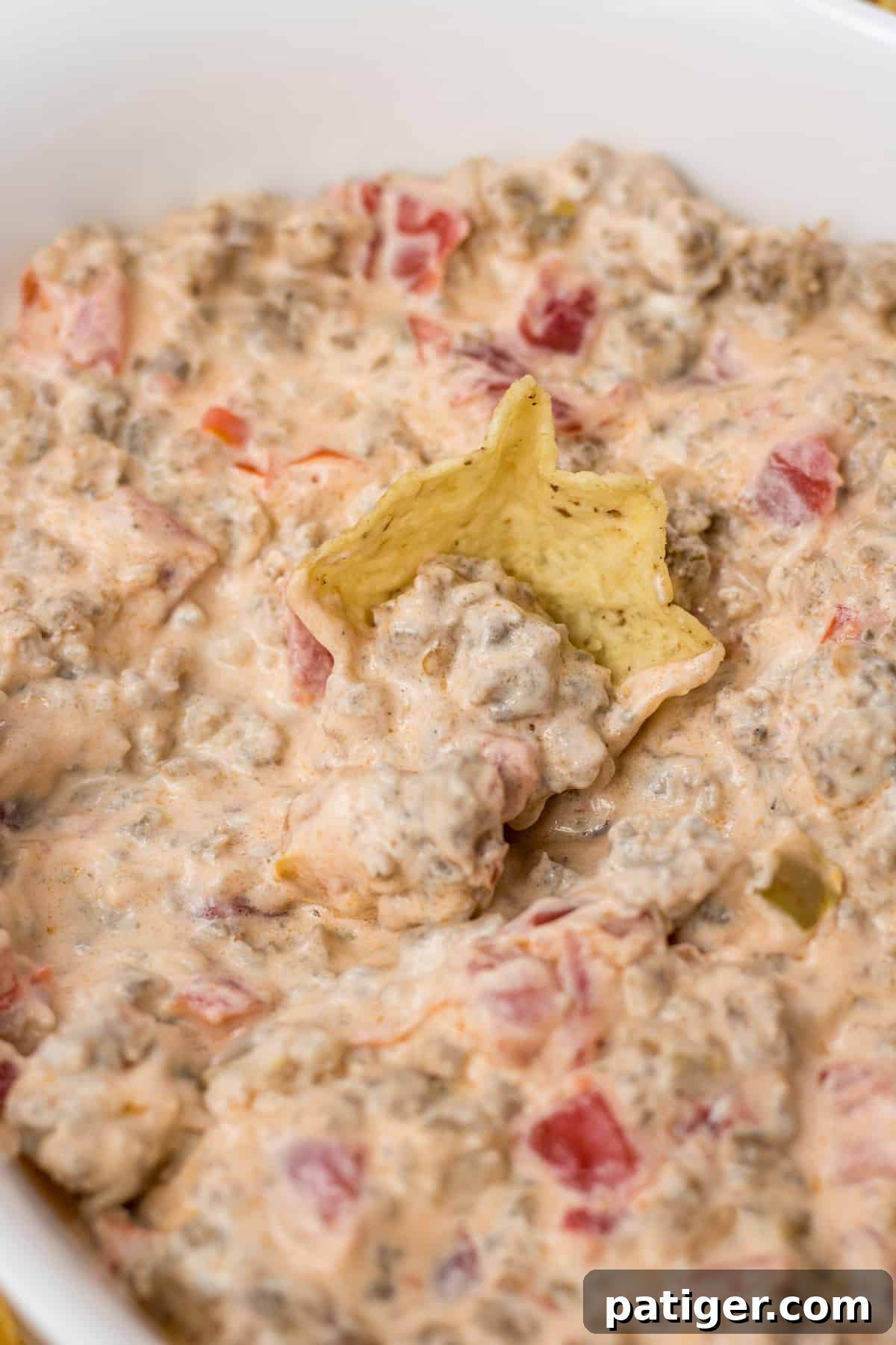 Sausage cream cheese dip with rotel, ready to be served at a party