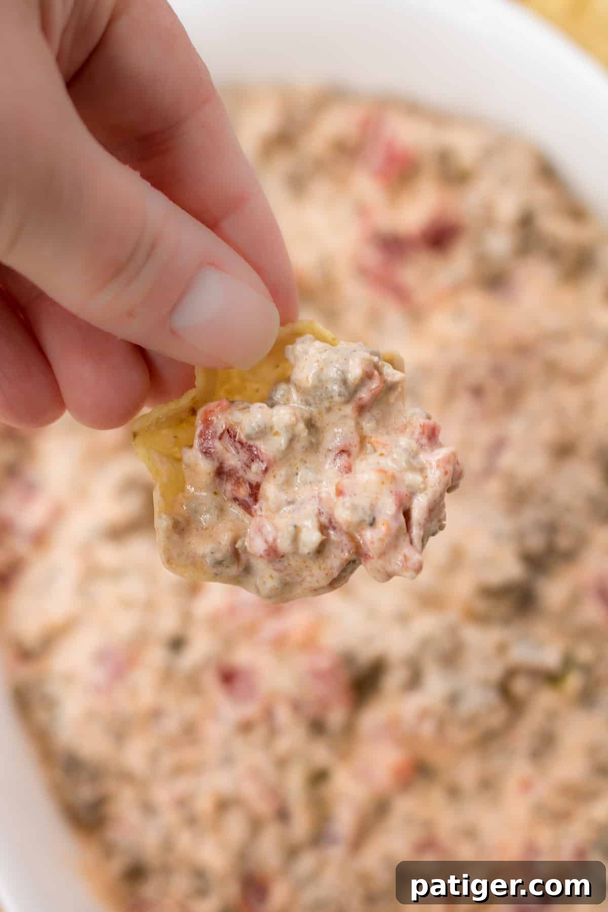 Scoop-style tortilla chip holding a generous portion of creamy sausage dip
