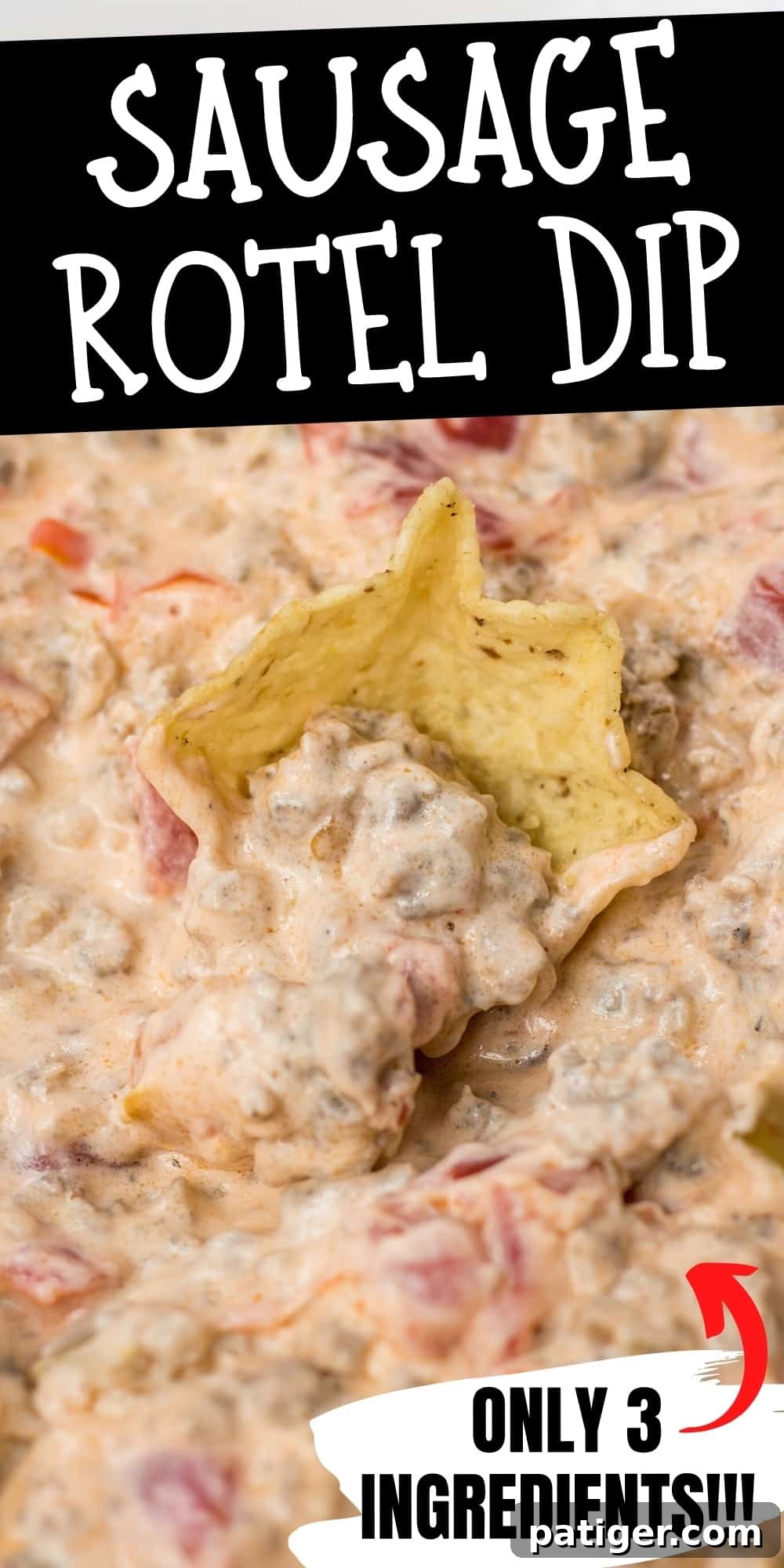 Sausage Rotel Dip; only 3 ingredients, served in a bowl with chips