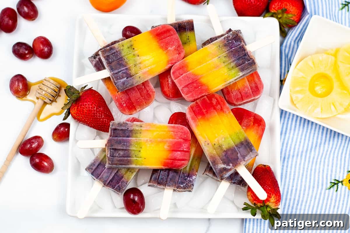 Beautiful rainbow popsicles served on a white platter, garnished with fresh strawberries, grapes, and a glistening drizzle of honey, all ready to be enjoyed as a refreshing treat.