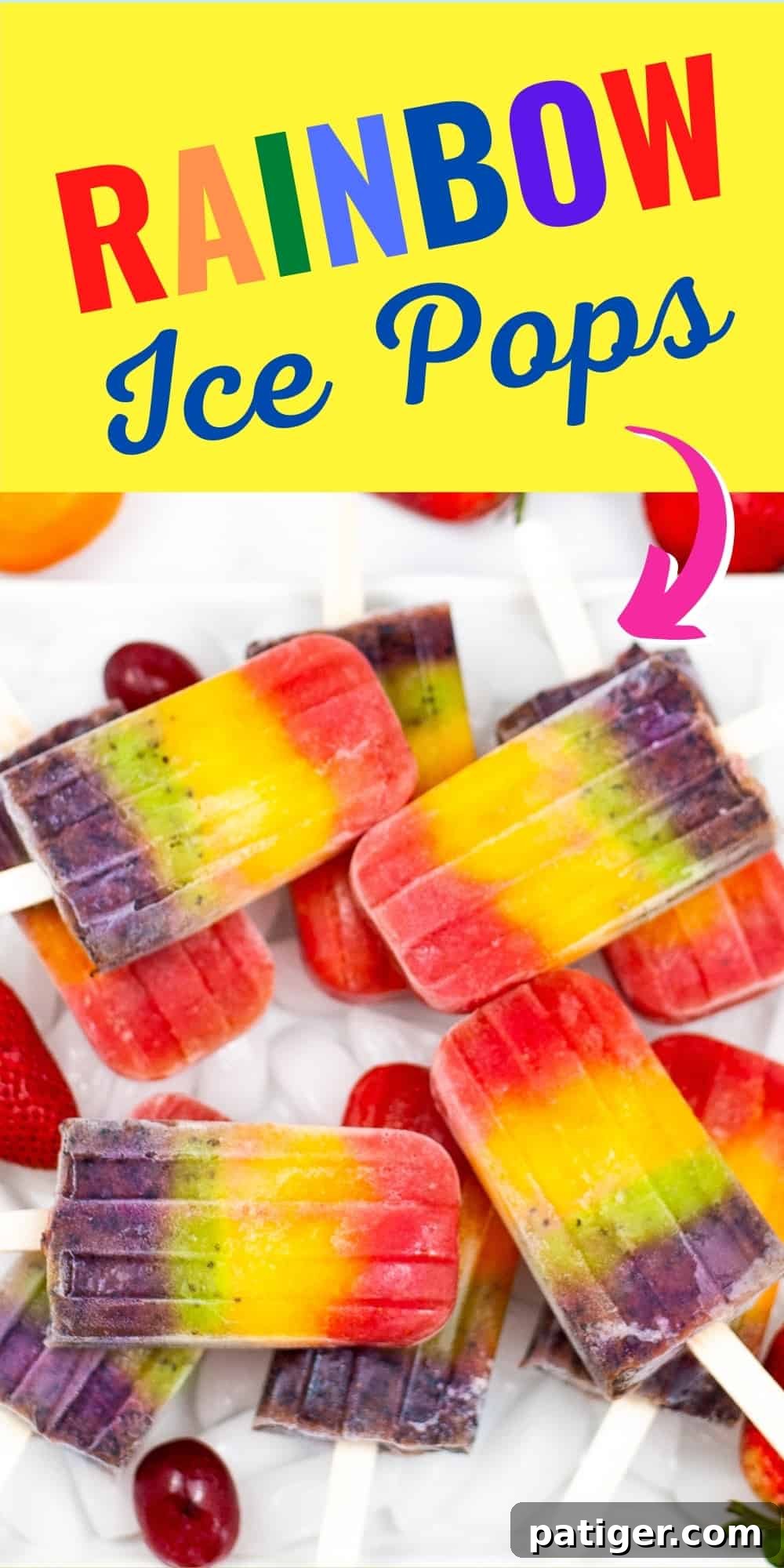 A beautifully presented image of rainbow ice pops, perfect for sharing and inspiring others to make this colorful, healthy treat.