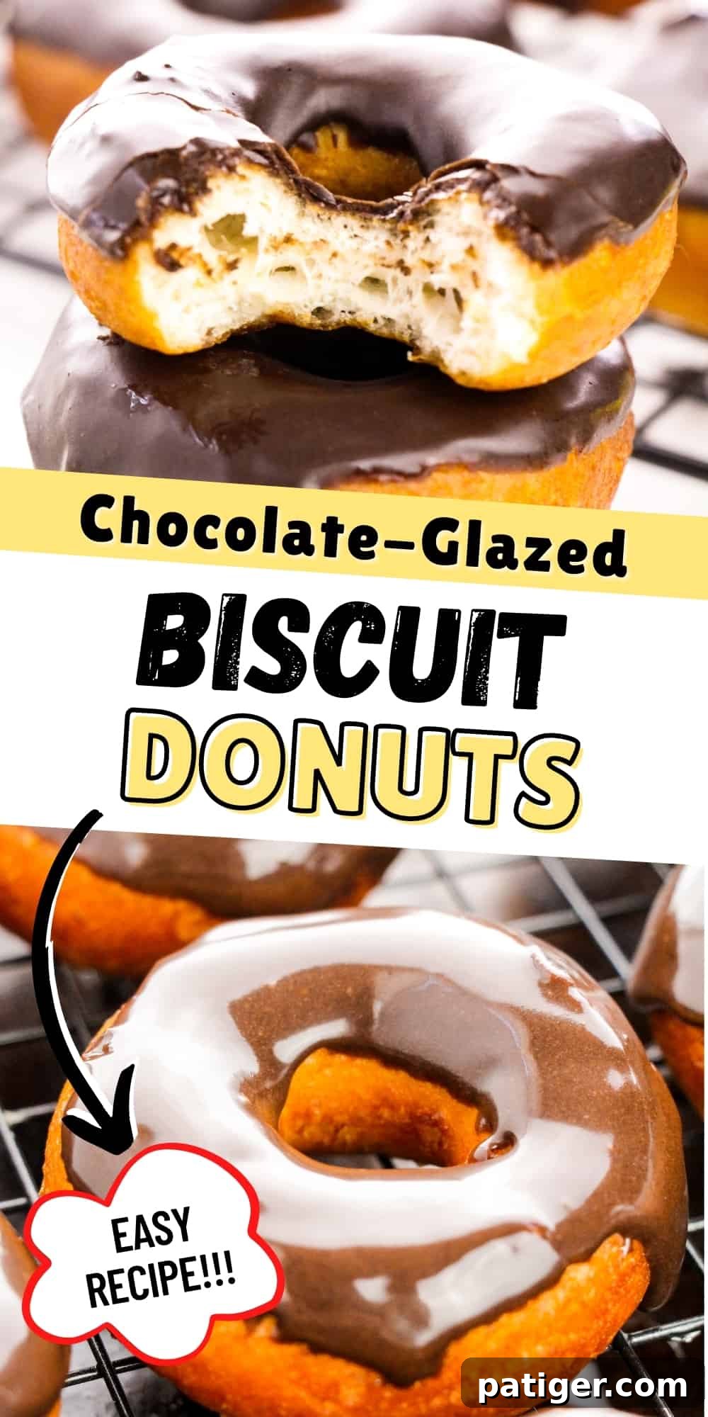 Choco-Biscuit Bliss Bites 13 Pinterest Image, reads: Chocolate Glazed Biscuit Donuts; Easy Recipe!!!