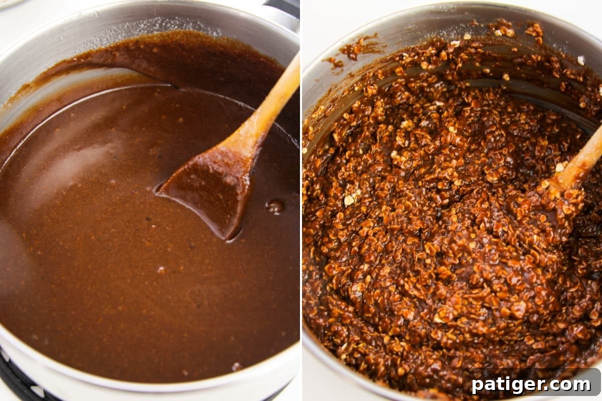 Two image collage. On left: saucepan with melted chocolate mixture; on right: saucepan with thick chocolate oatmeal no bake cookie dough