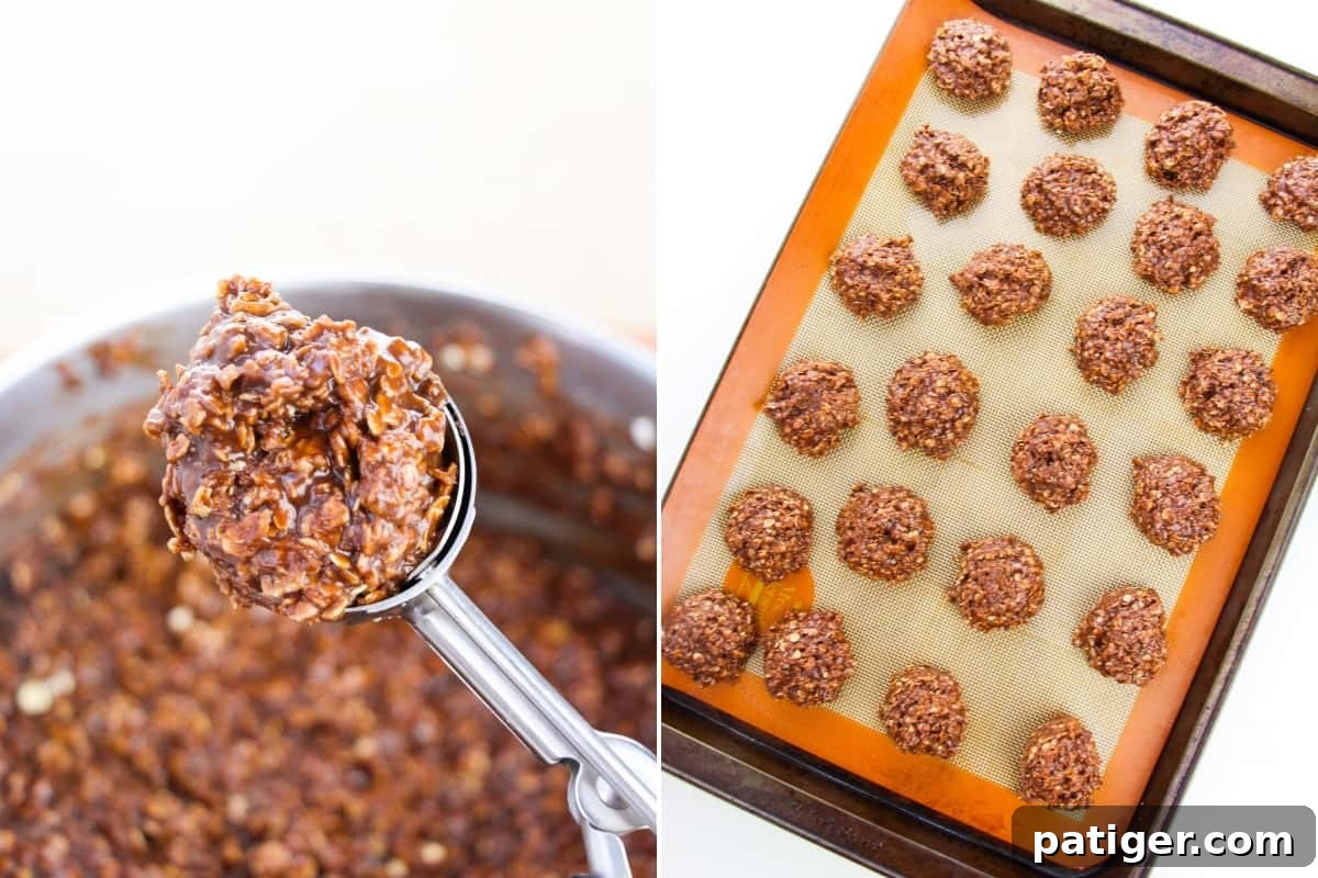 Two image collage. On left: cookie dough scoop full of nutella no bake cookie dough; on right: tablespoon-sized no bake cookies on lined baking sheet