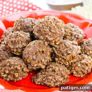 No-bake Nutella Cookies piled on a red